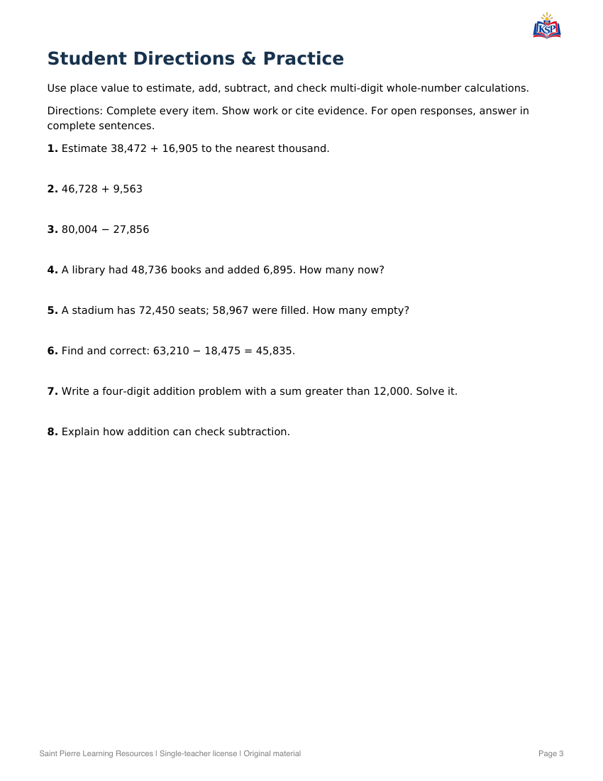 Sample practice page from Multi-Digit Operations: Place-Value Strategies