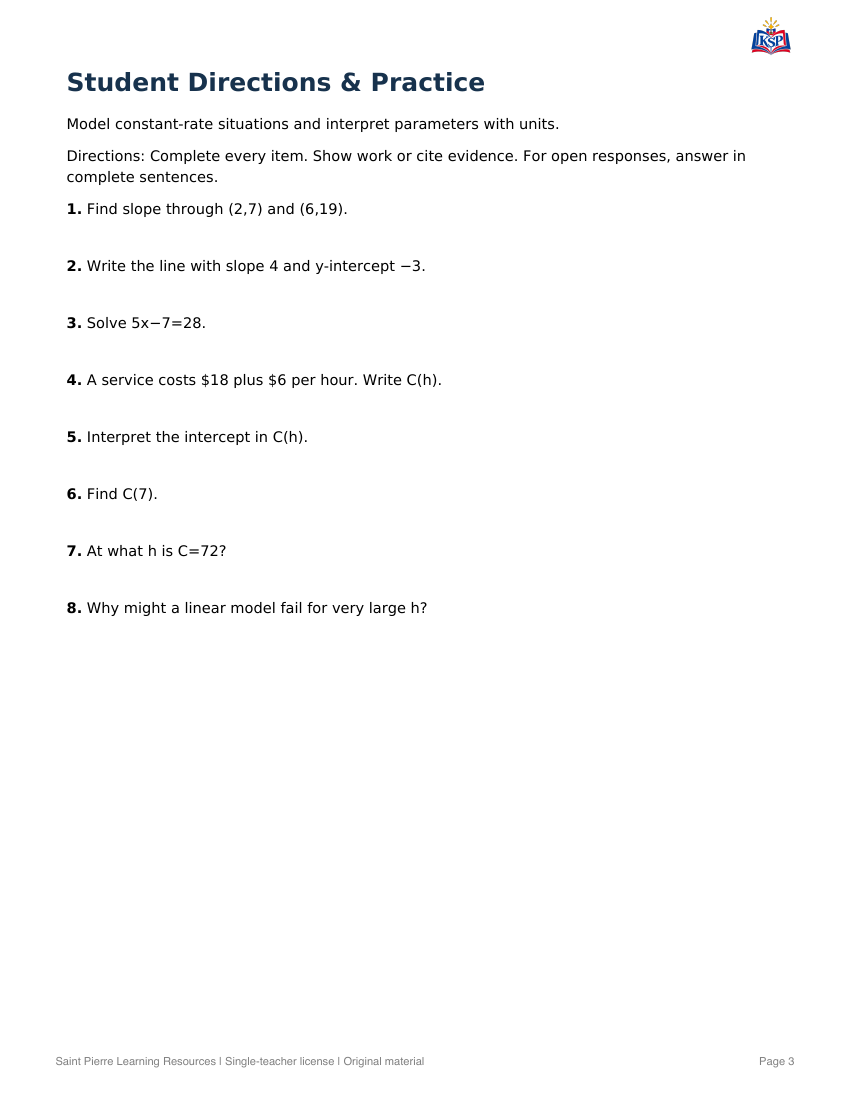 Sample practice page from College Algebra: Linear Models in Context