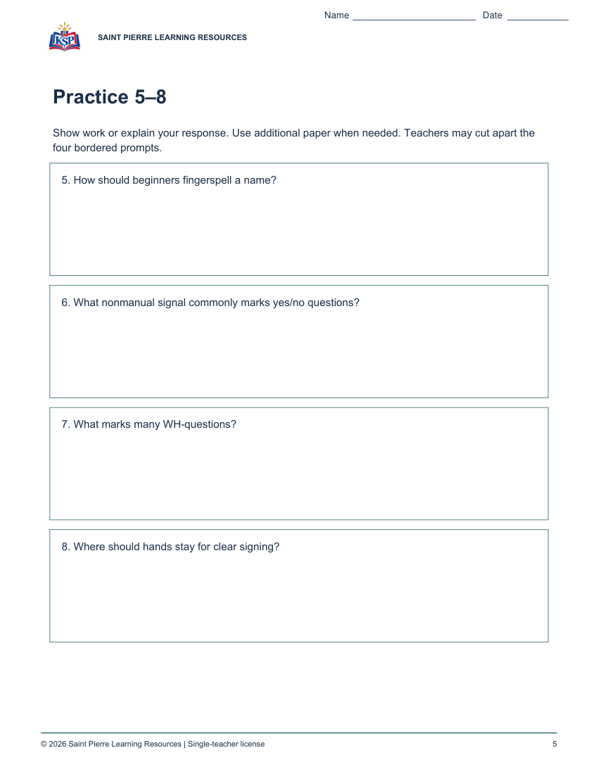 Actual student practice page 5; sample from college asl101 classroom.