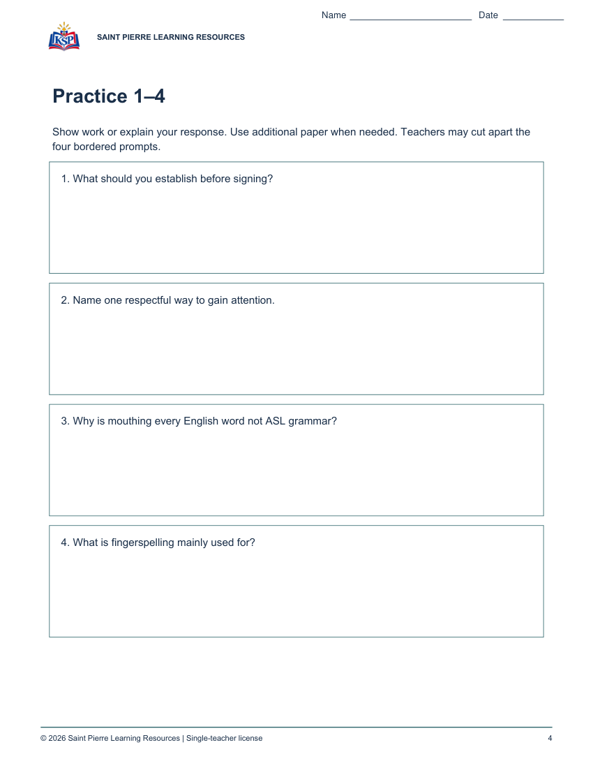 Actual student practice page 4; sample from college asl101 classroom.