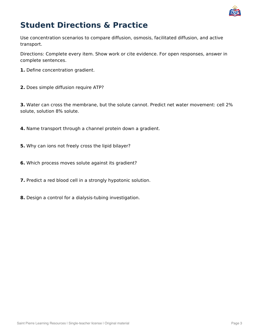 Sample practice page from General Biology: Cell Membrane Transport