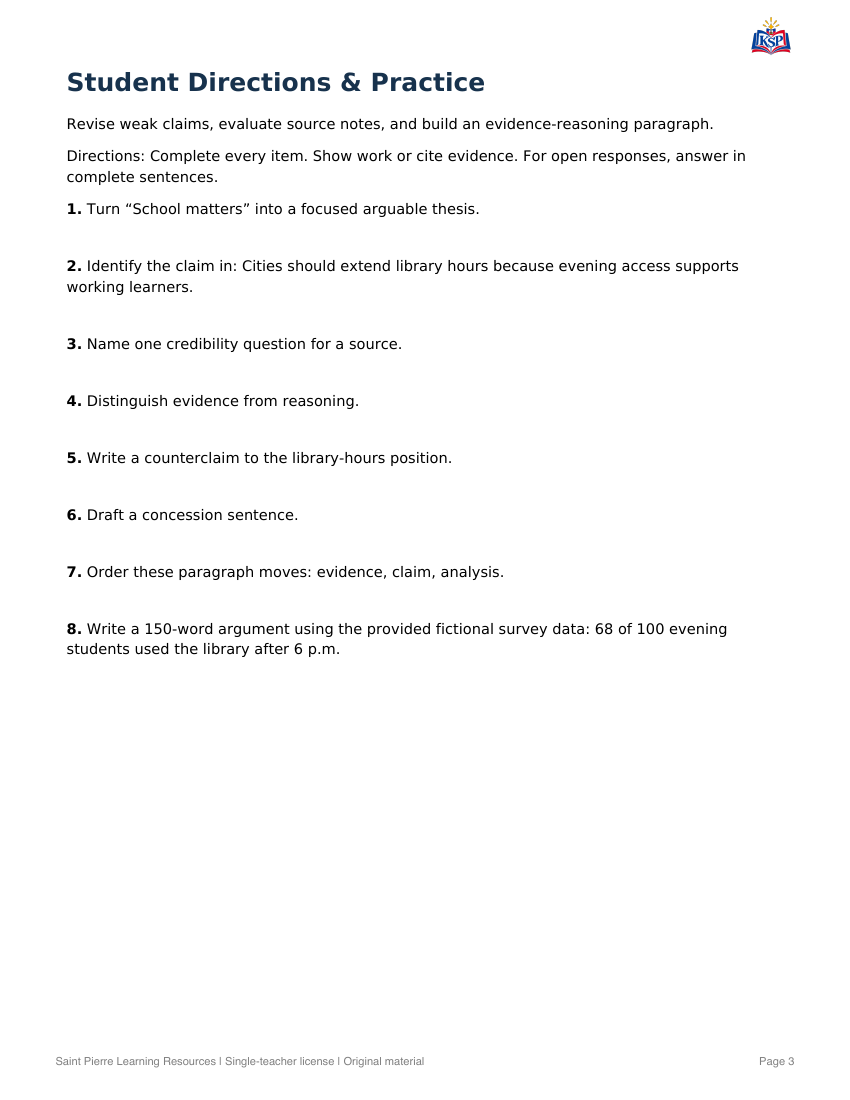 Sample practice page from College Composition: Claims, Evidence & Reasoning