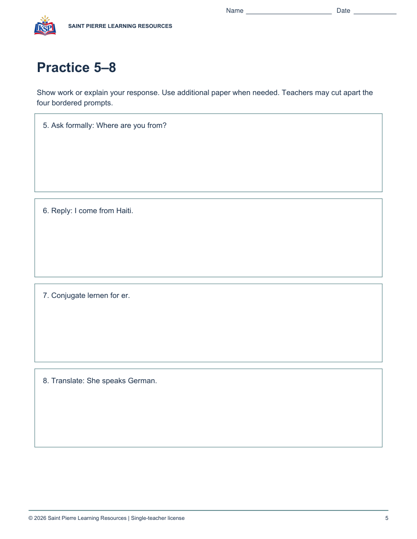 Actual student practice page 5; sample from college german101 introductions.