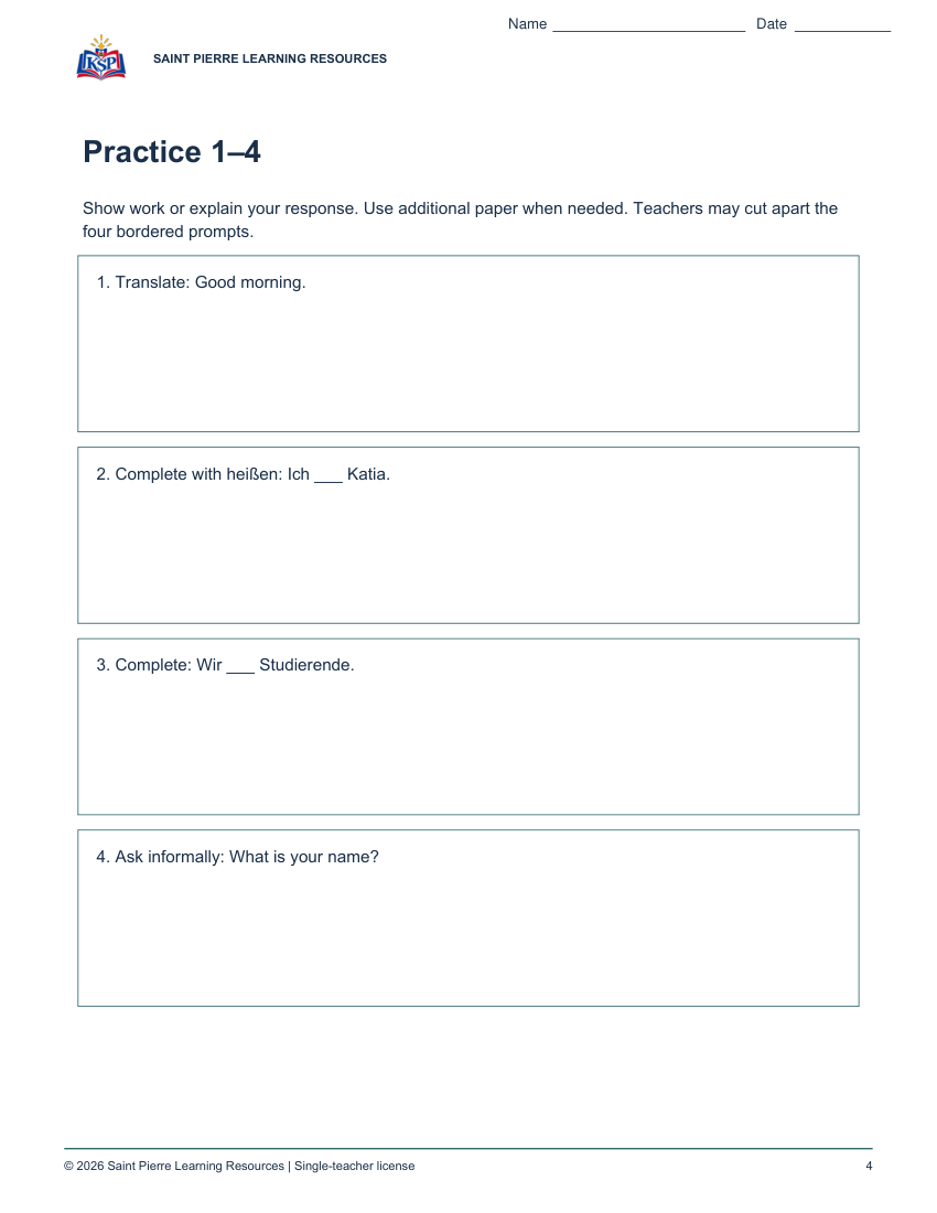Actual student practice page 4; sample from college german101 introductions.