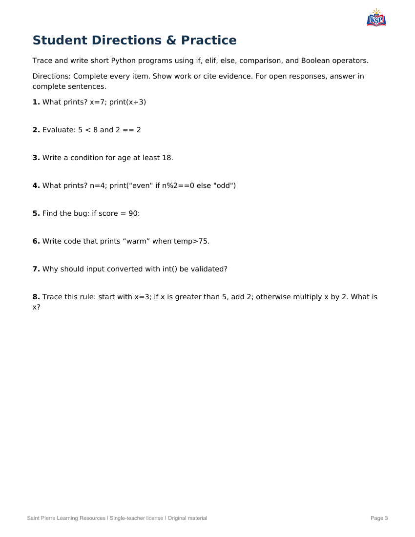 Sample practice page from Introduction to Programming: Python Decisions