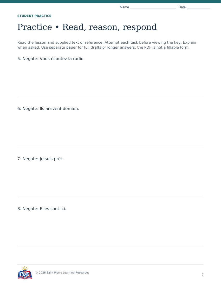 Actual student practice page 7; sample from daily 20260915 college french negation.