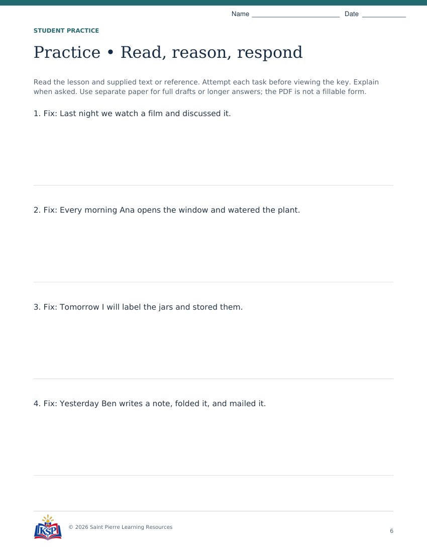 Actual student practice page 6; sample from daily 20260915 de g5 time editor.
