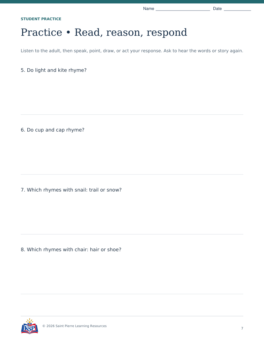 Actual student practice page 7; sample from daily 20260915 ma pk rhyme circle.
