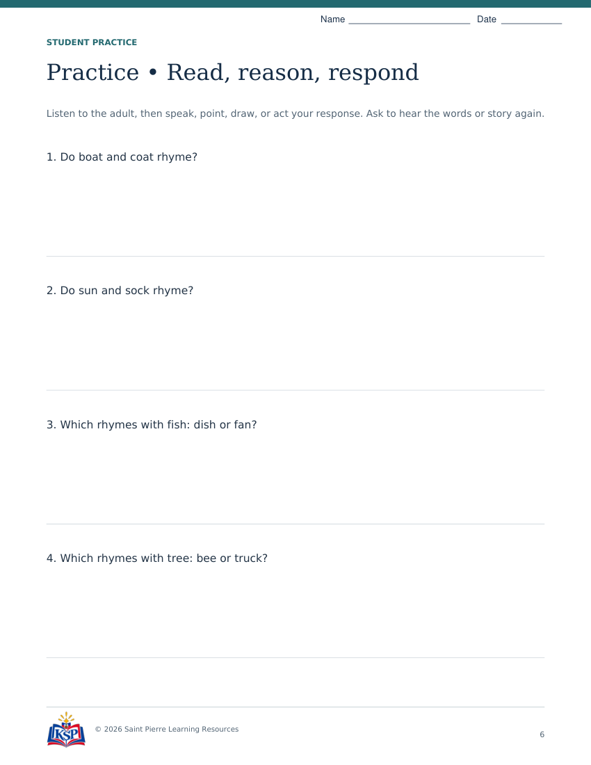 Actual student practice page 6; sample from daily 20260915 ma pk rhyme circle.