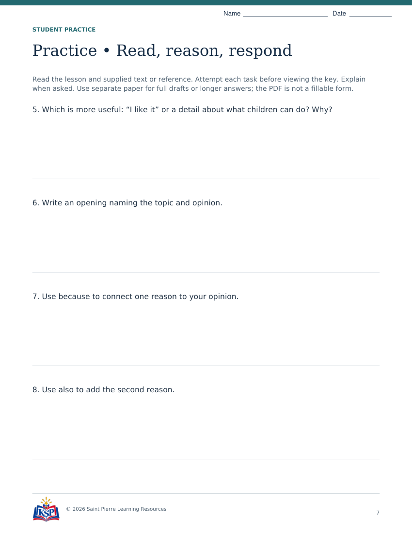 Actual student practice page 7; sample from daily 20260915 mi g3 recess letter.