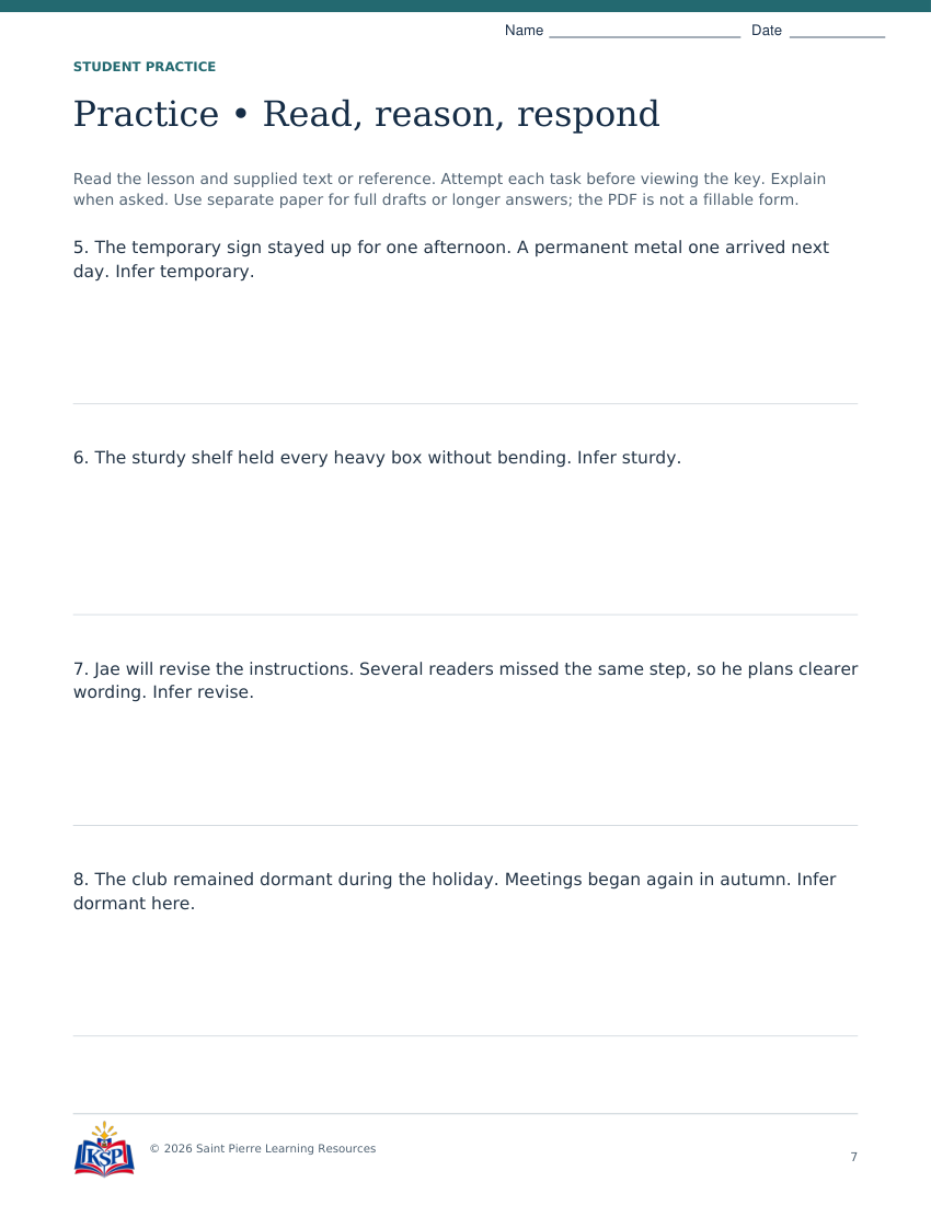 Actual student practice page 7; sample from daily 20260915 oh g5 context lab.