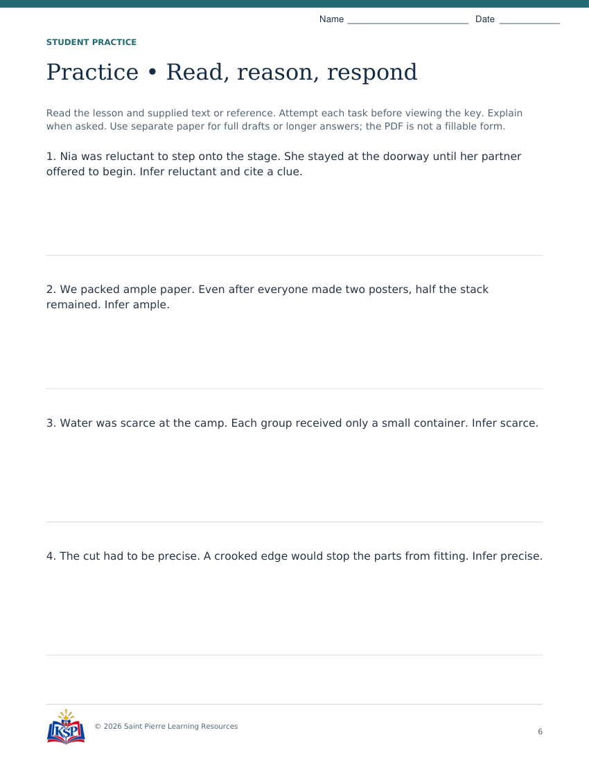 Actual student practice page 6; sample from daily 20260915 oh g5 context lab.