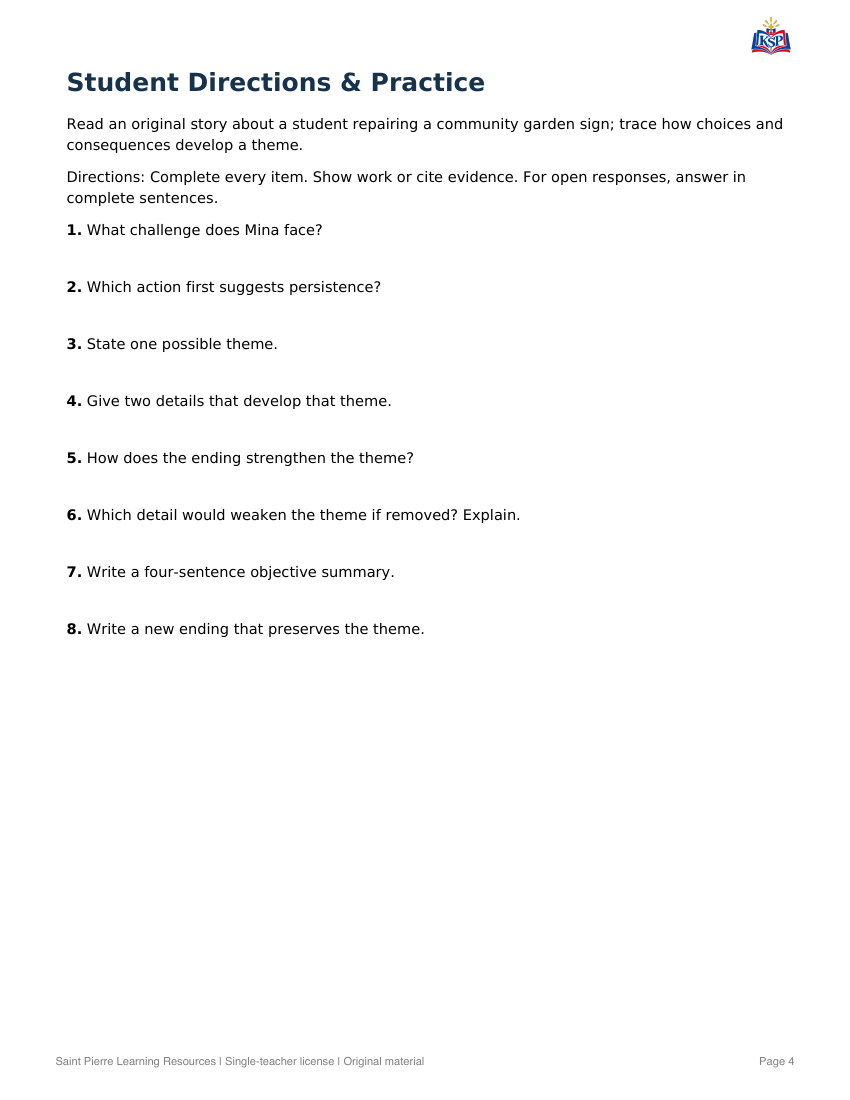 Sample practice page from Theme Detectives: Evidence in Original Fiction