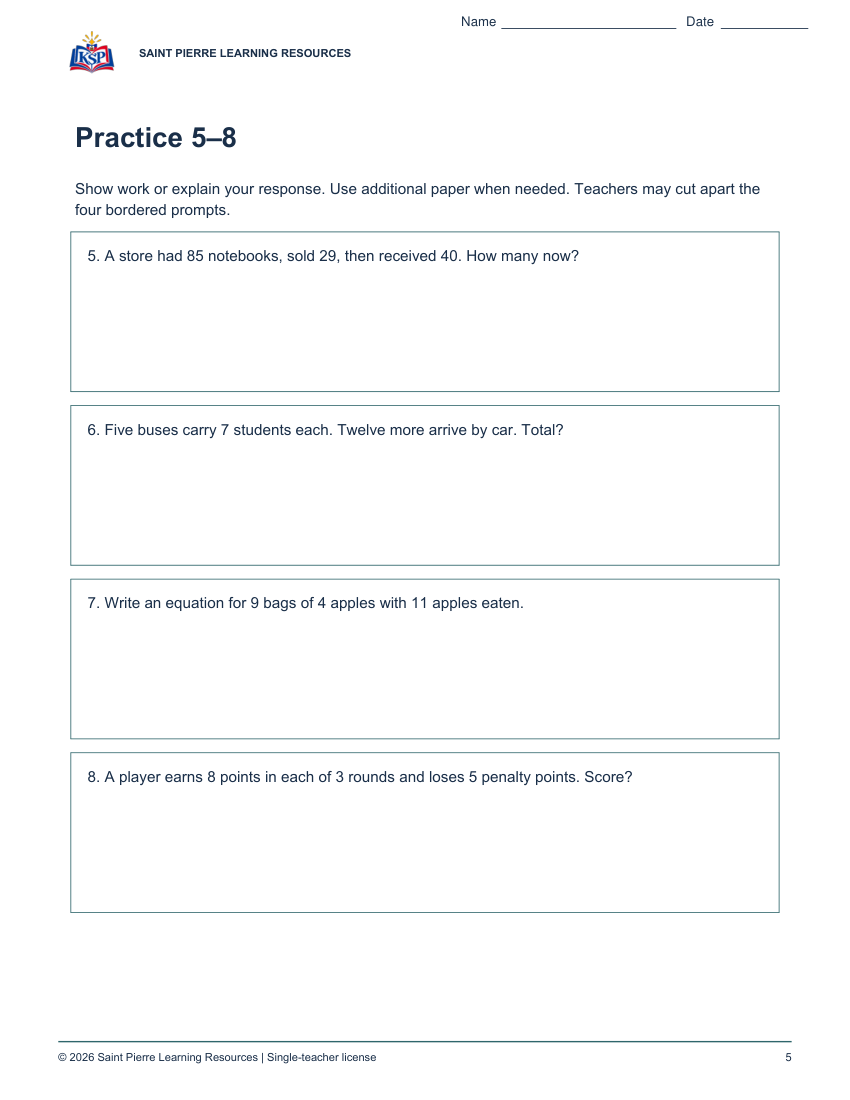 Actual student practice page 5; sample from nc g3 two step task cards.