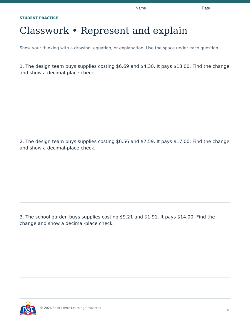 Actual page 16 from nc g5 decimal money teaching bundle; sample only.
