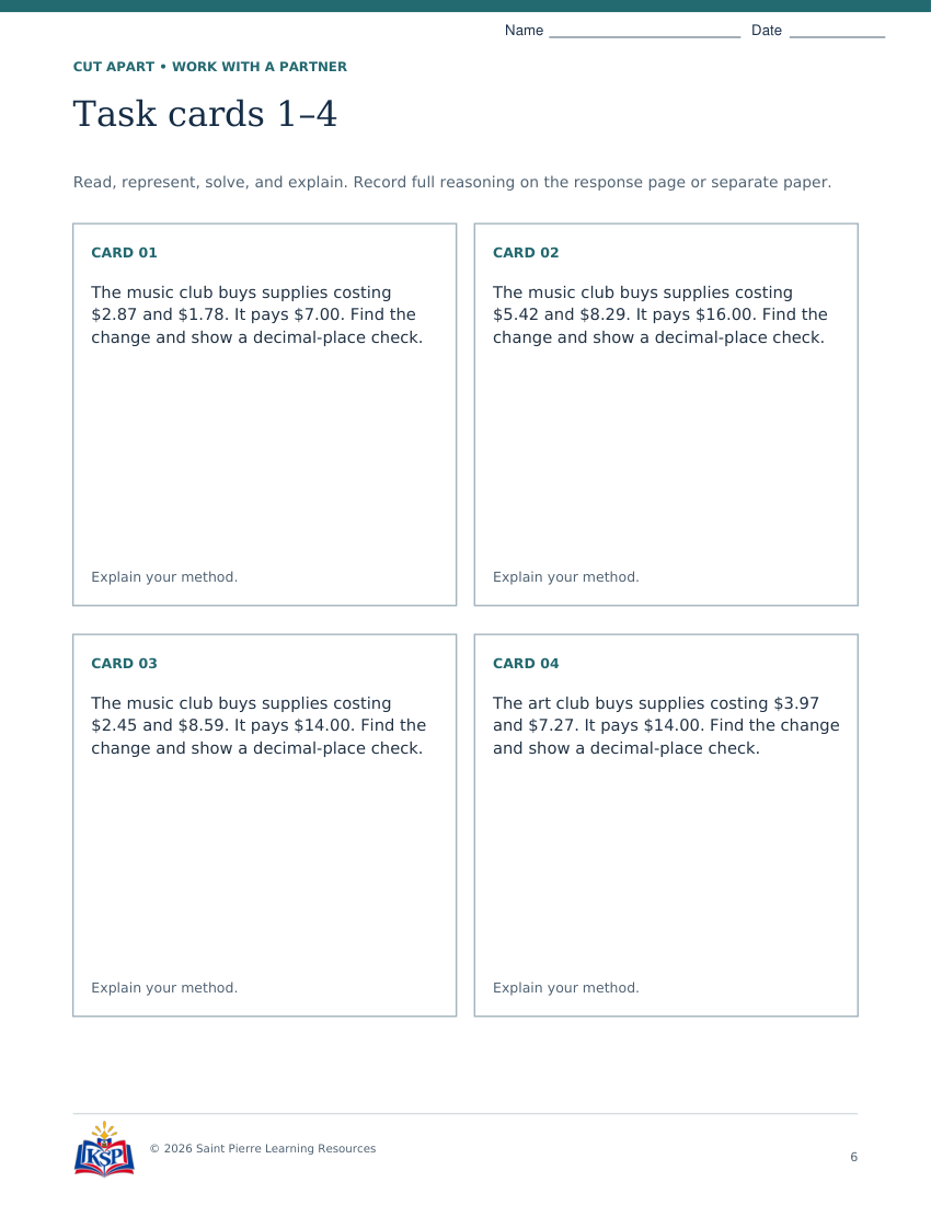 Actual page 6 from nc g5 decimal money teaching bundle; sample only.