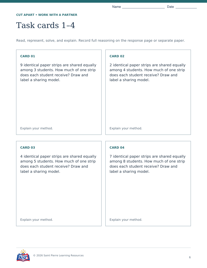 Actual page 6 from nc g5 fraction sharing teaching bundle; sample only.