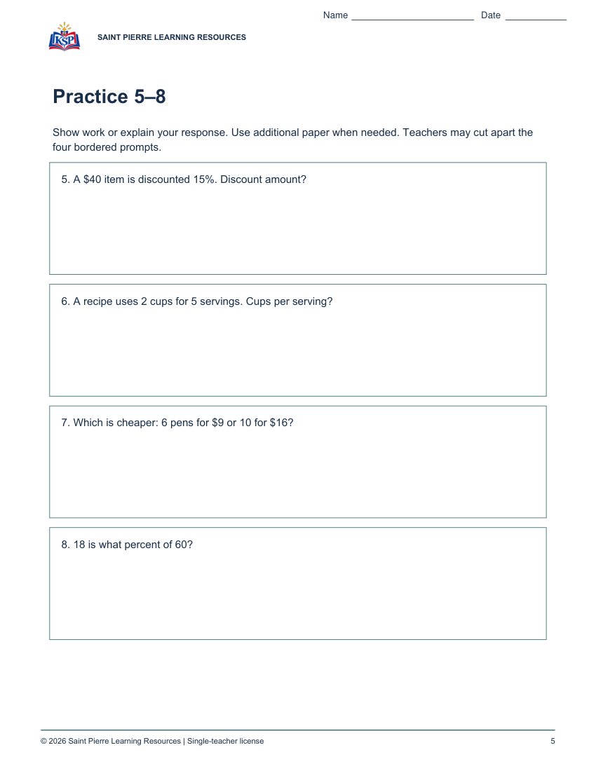 Actual student practice page 5; sample from nc g6 rates small group.
