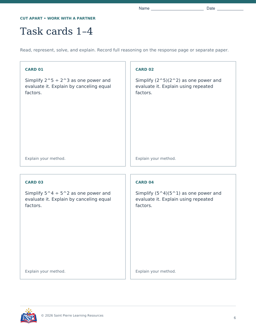 Actual page 6 from nc g8 integer exponents teaching bundle; sample only.