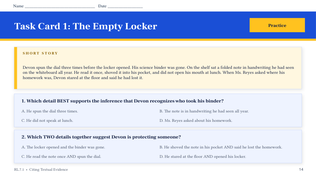Task-card sample from Citing Textual Evidence