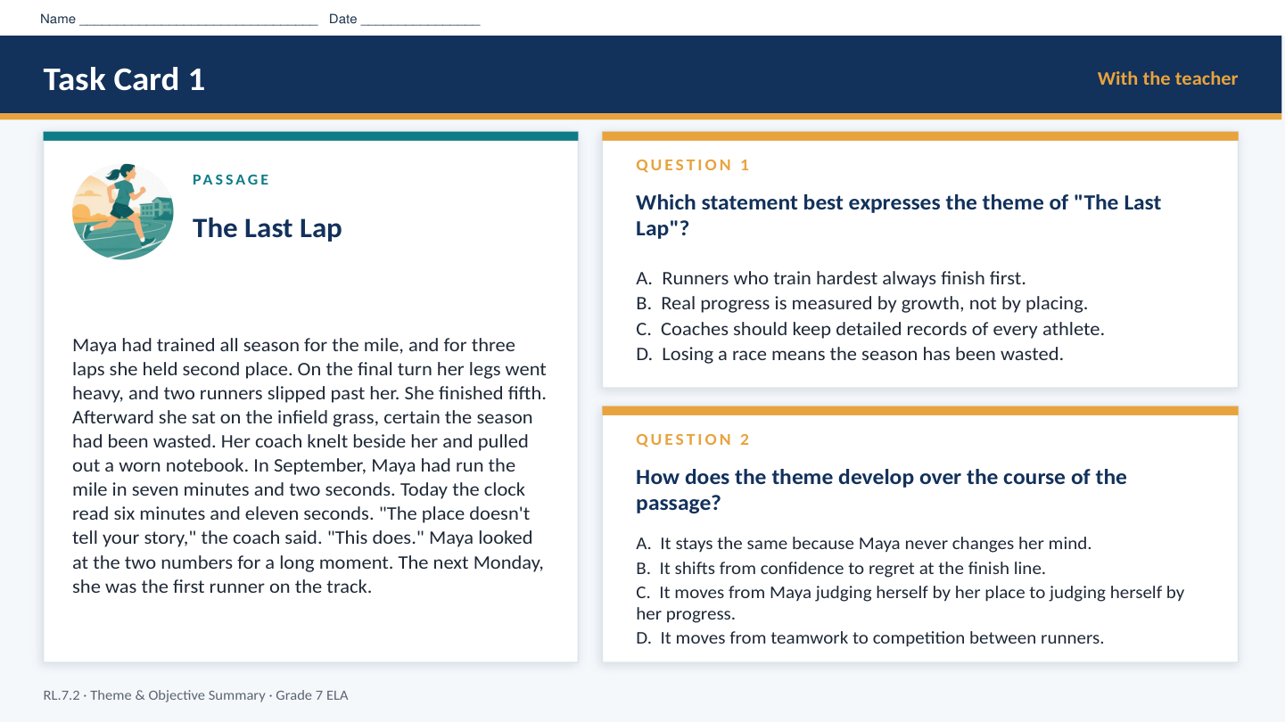 Task-card sample from Theme and Objective Summary