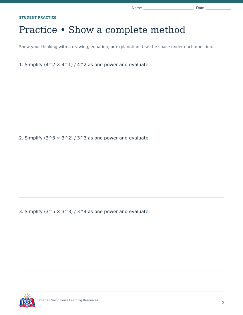 Actual page 5 from sat act exponents math skill builder; sample only.