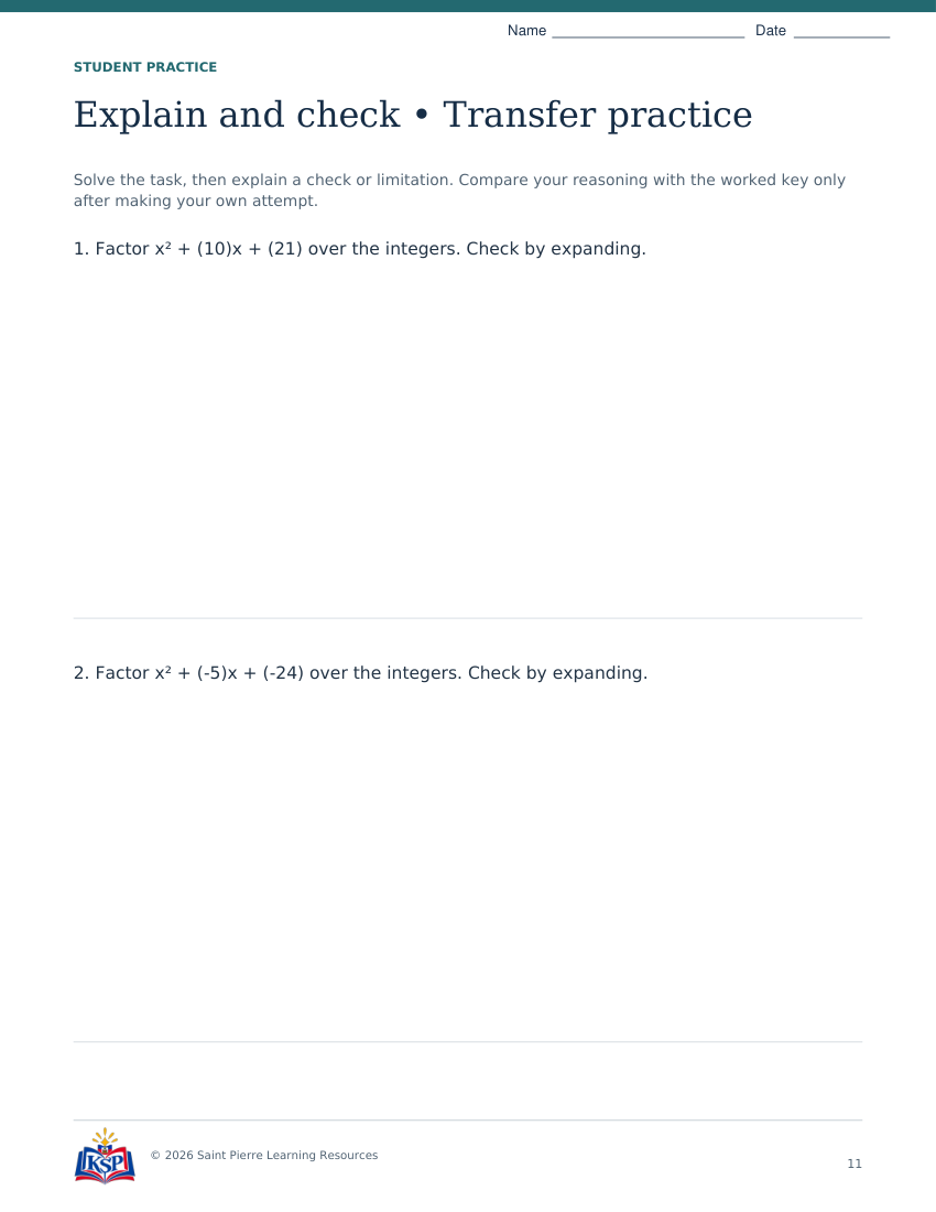 Actual page 11 from sat act factoring math skill builder; sample only.