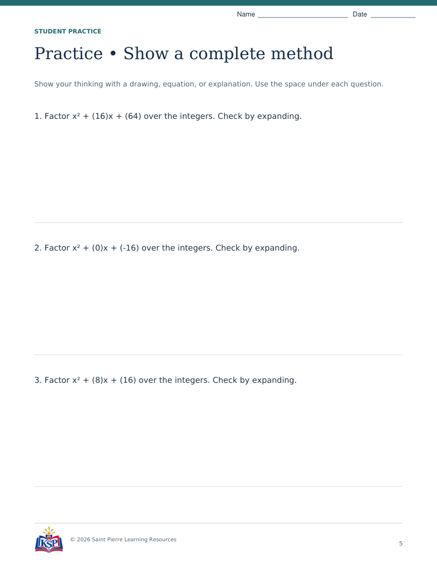 Actual page 5 from sat act factoring math skill builder; sample only.