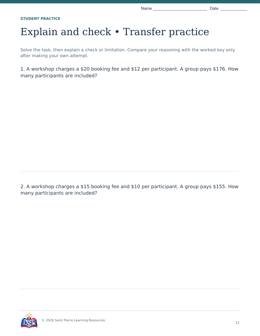 Actual page 11 from sat act linear context math skill builder; sample only.