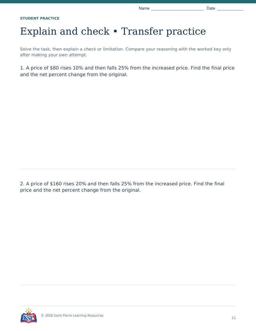 Actual page 11 from sat act percent change math skill builder; sample only.