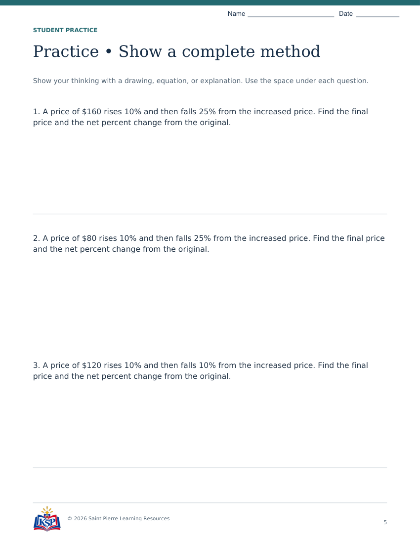 Actual page 5 from sat act percent change math skill builder; sample only.