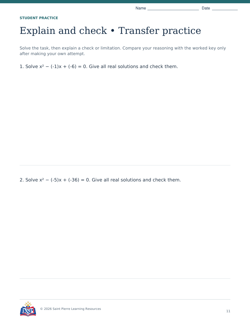 Actual page 11 from sat act quadratic roots math skill builder; sample only.