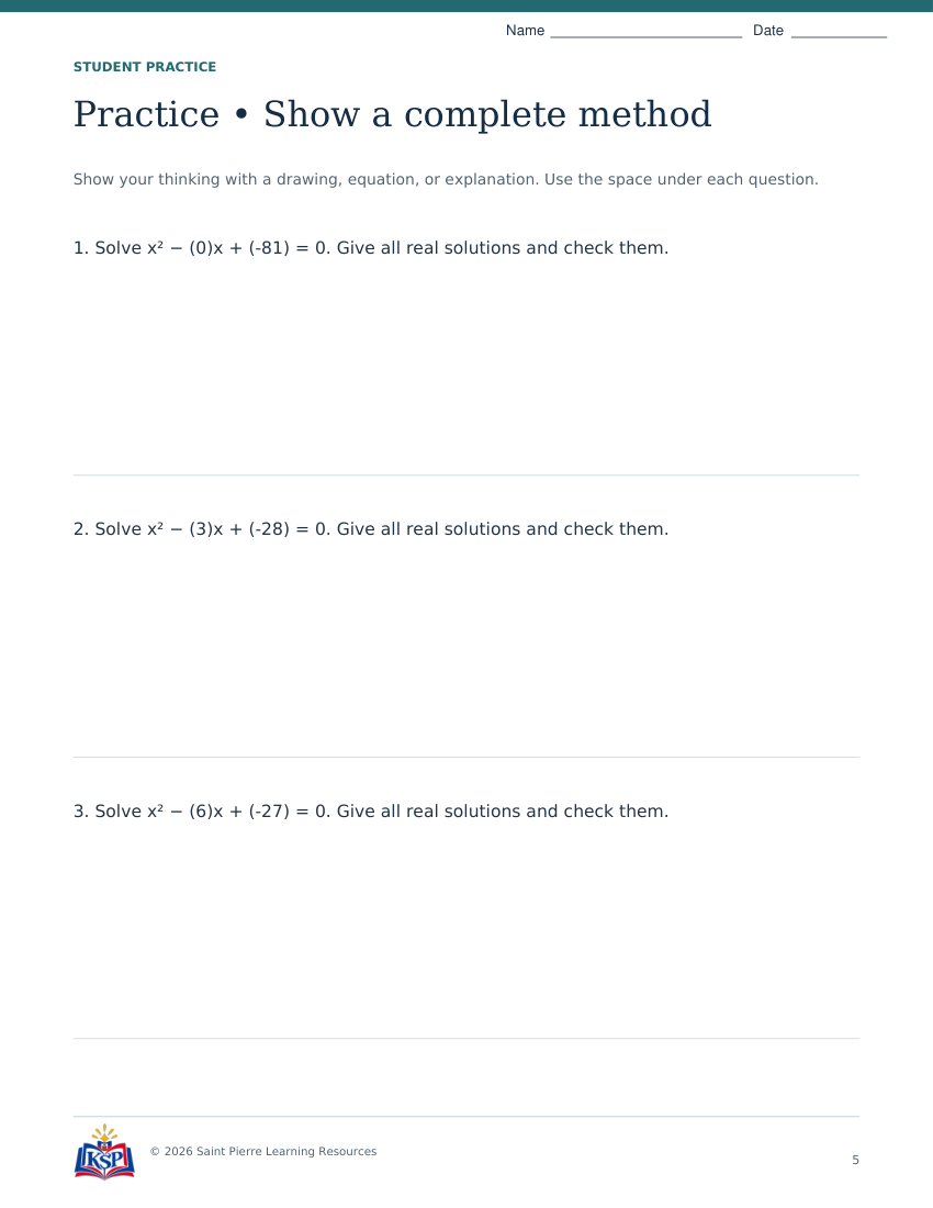 Actual page 5 from sat act quadratic roots math skill builder; sample only.