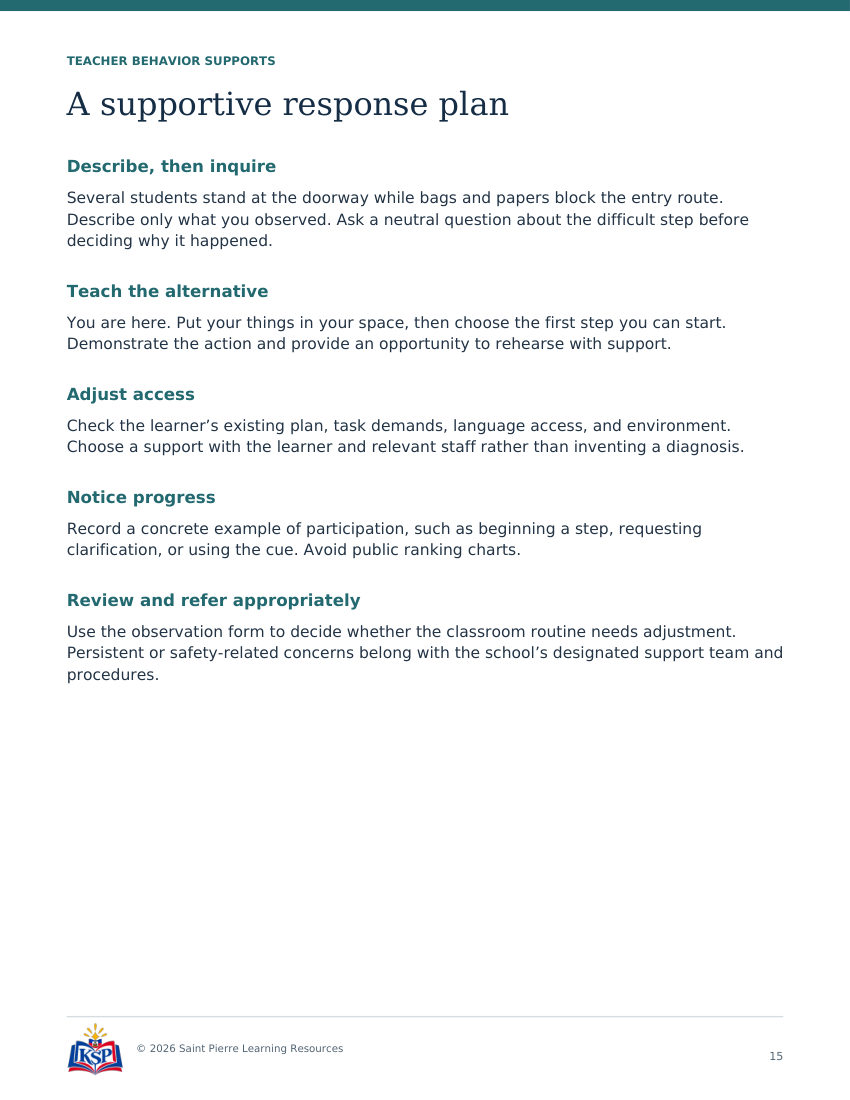 Actual page 15 from teacher a calm arrival toolkit; sample only.