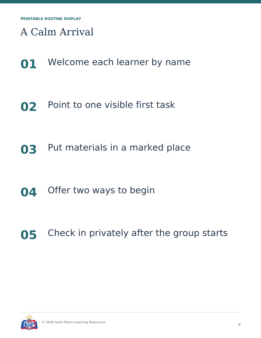 Actual page 8 from teacher a calm arrival toolkit; sample only.