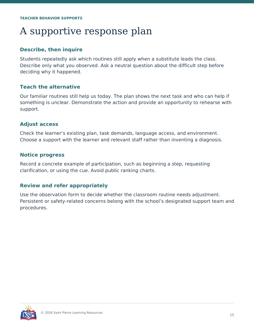 Actual page 15 from teacher a substitute day students understand toolkit; sample only.