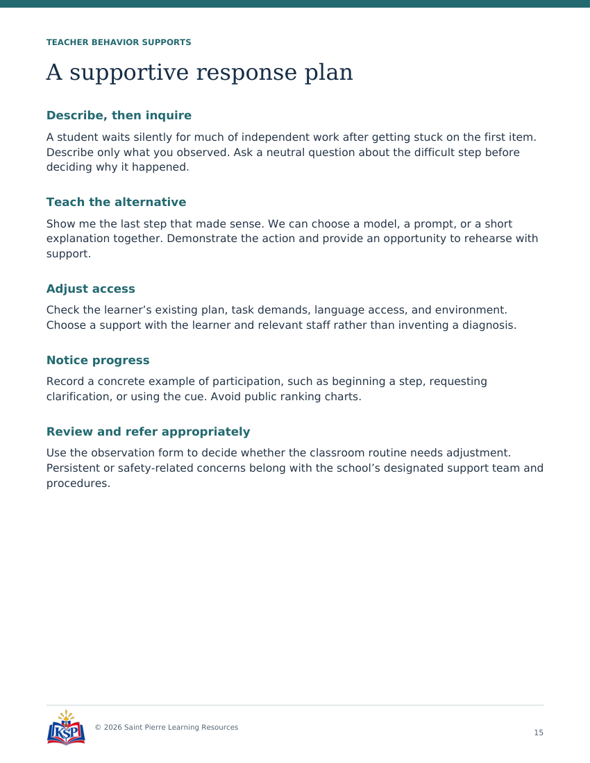 Actual page 15 from teacher asking for help with confidence toolkit; sample only.