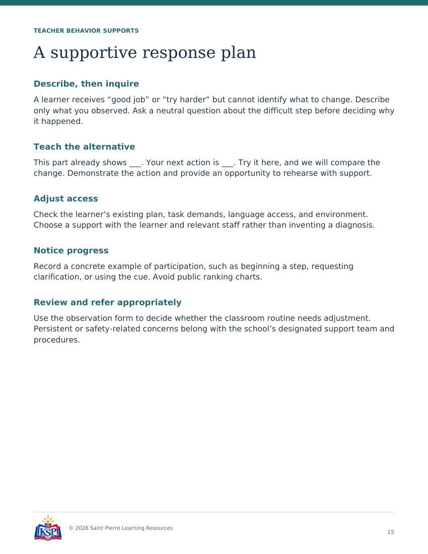 Actual page 15 from teacher feedback that gives a next step toolkit; sample only.