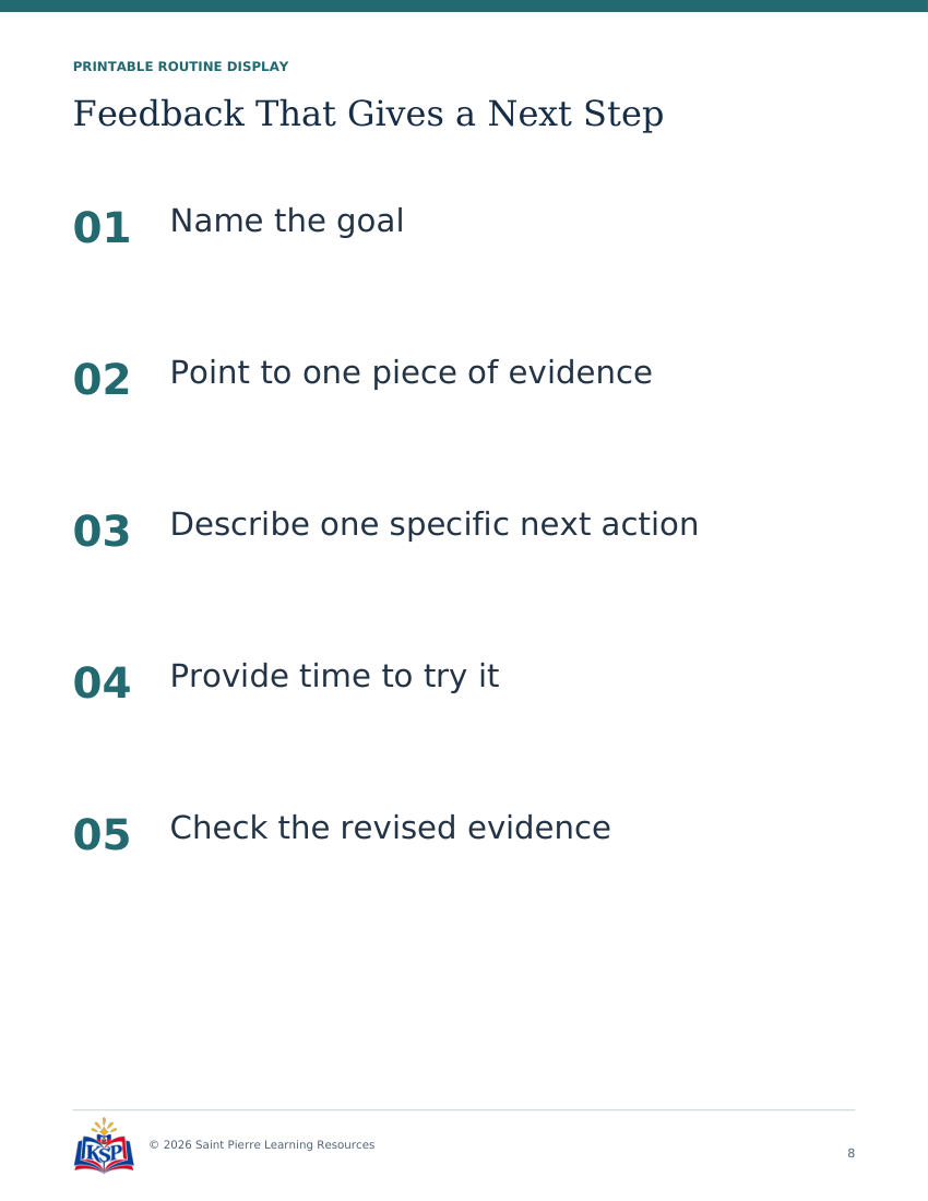 Actual page 8 from teacher feedback that gives a next step toolkit; sample only.