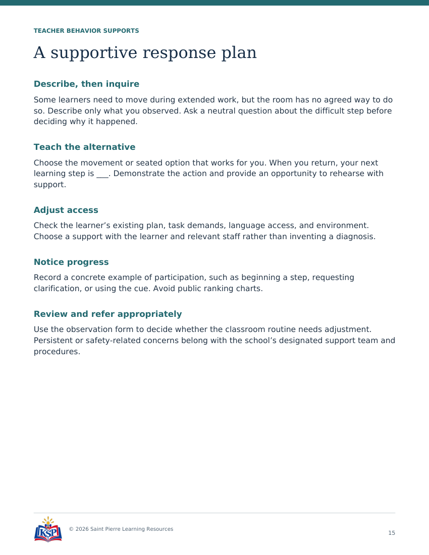 Actual page 15 from teacher movement with a learning purpose toolkit; sample only.