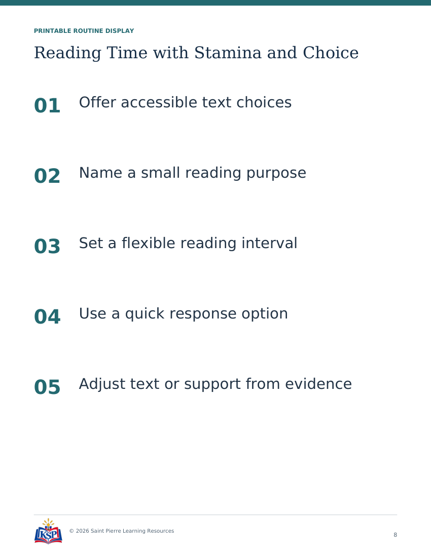 Actual page 8 from teacher reading time with stamina and choice toolkit; sample only.