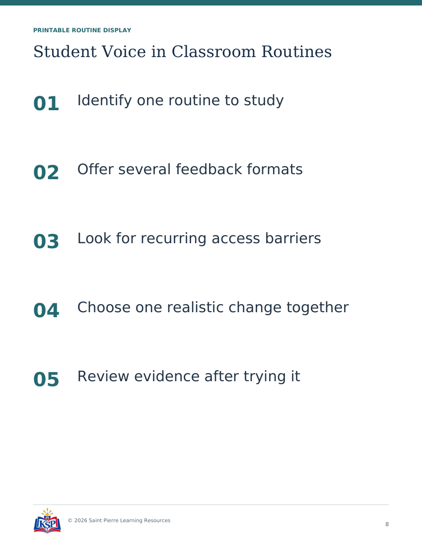 Actual page 8 from teacher student voice in classroom routines toolkit; sample only.