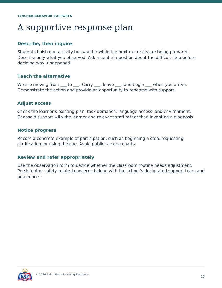 Actual page 15 from teacher transitions with a destination toolkit; sample only.