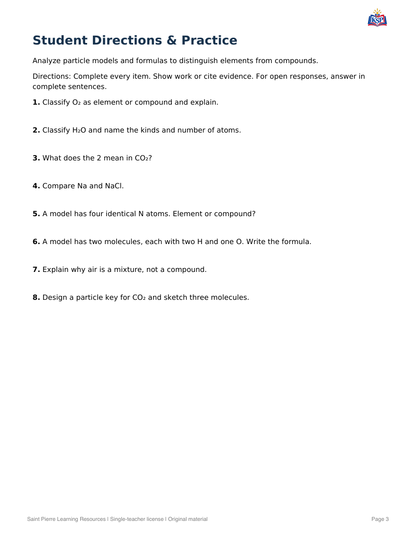 Sample practice page from Elements & Compounds: Particle Evidence Lab